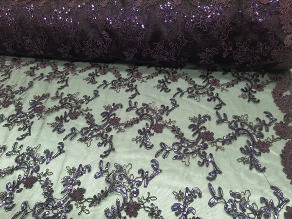 1 Yard Purple Metallic Flowers Sequins Mesh Lace Fabric for Tablecloths and Costumes 54 Inch Width