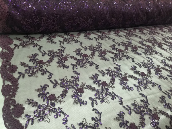 1 Yard Purple Metallic Flowers Sequins Mesh Lace Fabric for Tablecloths and Costumes 54 Inch Width