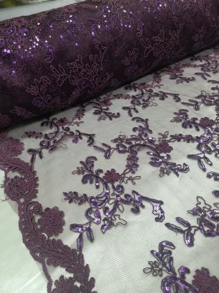 1 Yard Purple Metallic Flowers Sequins Mesh Lace Fabric for Tablecloths and Costumes 54 Inch Width