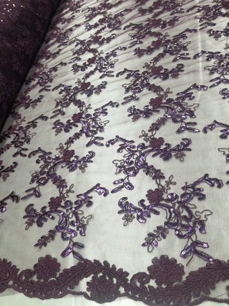 1 Yard Purple Metallic Flowers Sequins Mesh Lace Fabric for Tablecloths and Costumes 54 Inch Width