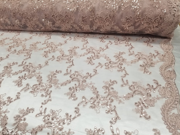 1 Yard Dusty Rose Metallic Flowers Sequins Mesh Lace Fabric for Tablecloths and Costumes 54 Inch Width