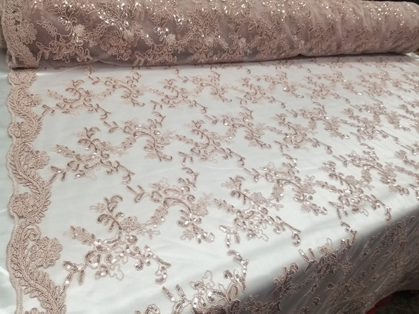 1 Yard Dusty Rose Metallic Flowers Sequins Mesh Lace Fabric for Tablecloths and Costumes 54 Inch Width