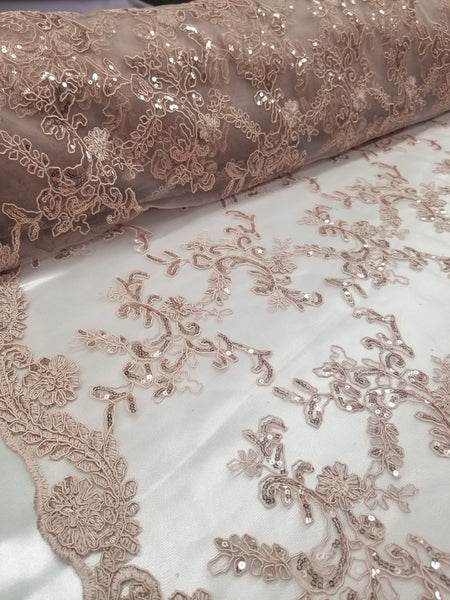 1 Yard Dusty Rose Metallic Flowers Sequins Mesh Lace Fabric for Tablecloths and Costumes 54 Inch Width
