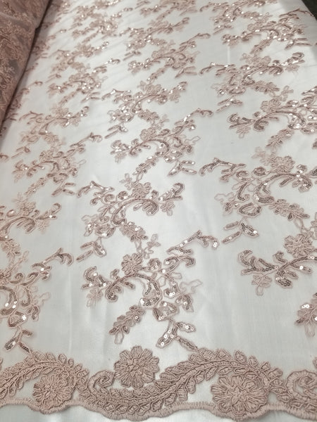 1 Yard Dusty Rose Metallic Flowers Sequins Mesh Lace Fabric for Tablecloths and Costumes 54 Inch Width