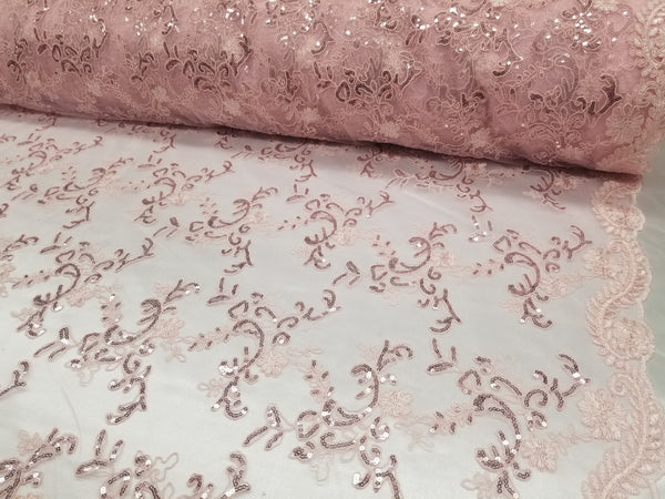 1 Yard Pink Metallic Flowers Sequins Mesh Lace Fabric for Tablecloths and Costumes 54 Inch Width