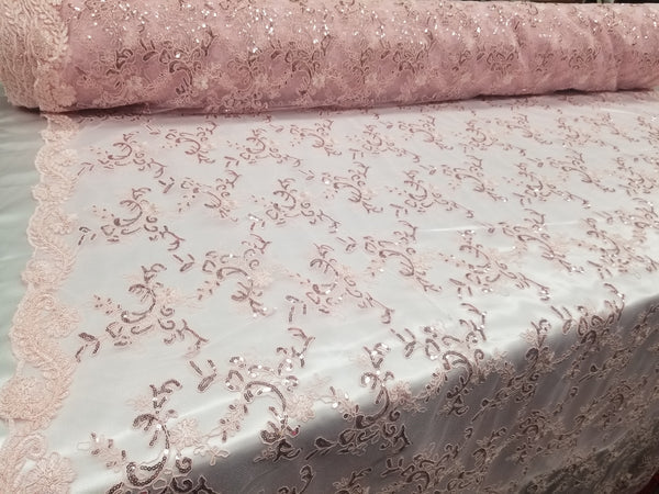 1 Yard Pink Metallic Flowers Sequins Mesh Lace Fabric for Tablecloths and Costumes 54 Inch Width