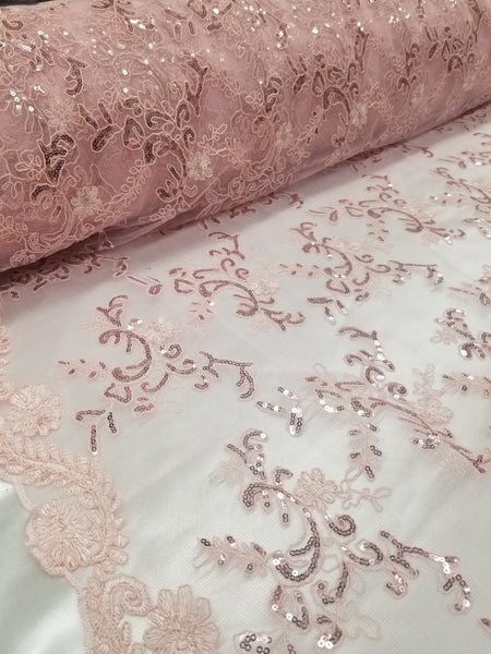 1 Yard Pink Metallic Flowers Sequins Mesh Lace Fabric for Tablecloths and Costumes 54 Inch Width