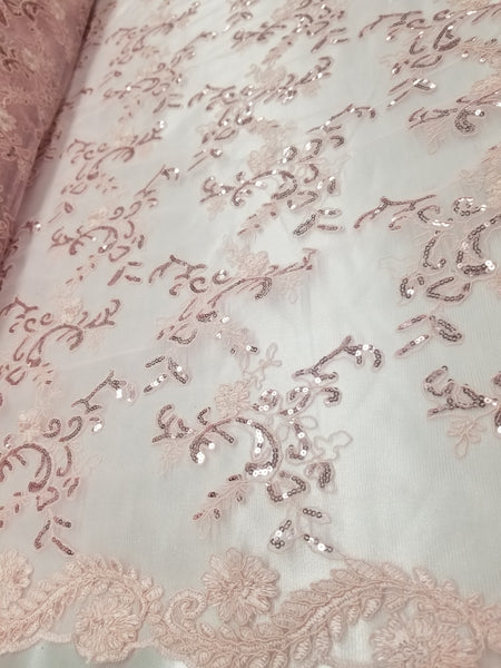 1 Yard Pink Metallic Flowers Sequins Mesh Lace Fabric for Tablecloths and Costumes 54 Inch Width