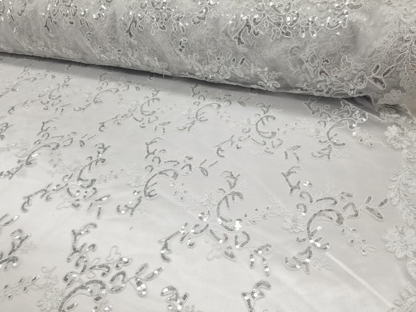1 Yard White Metallic Flowers Sequins Mesh Lace Fabric for Tablecloths and Costumes 54 Inch Width