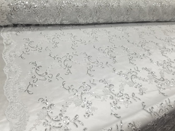 1 Yard White Metallic Flowers Sequins Mesh Lace Fabric for Tablecloths and Costumes 54 Inch Width