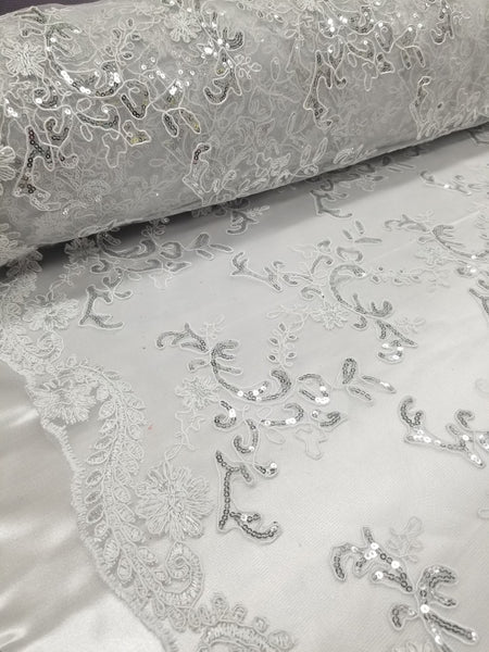 1 Yard White Metallic Flowers Sequins Mesh Lace Fabric for Tablecloths and Costumes 54 Inch Width