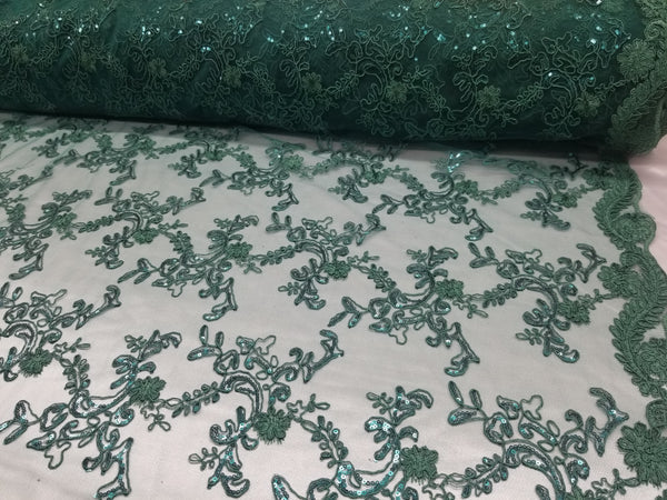 1 Yard Hunter Green Metallic Flowers Sequins Mesh Lace Fabric for Tablecloths and Costumes 54 Inch Width