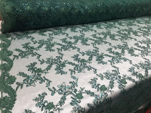 1 Yard Hunter Green Metallic Flowers Sequins Mesh Lace Fabric for Tablecloths and Costumes 54 Inch Width