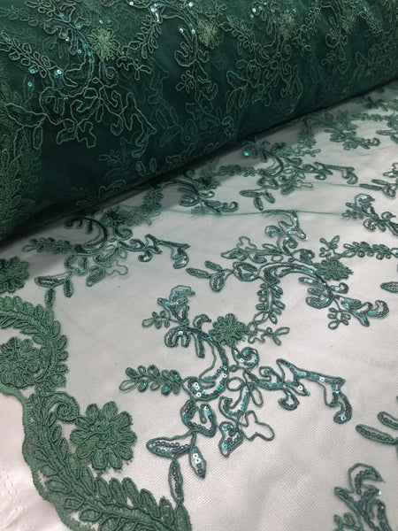 1 Yard Hunter Green Metallic Flowers Sequins Mesh Lace Fabric for Tablecloths and Costumes 54 Inch Width