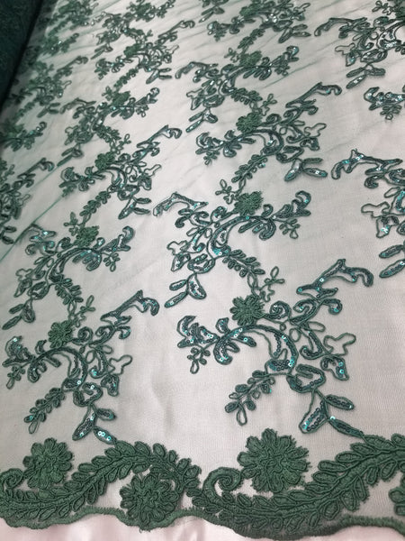 1 Yard Hunter Green Metallic Flowers Sequins Mesh Lace Fabric for Tablecloths and Costumes 54 Inch Width