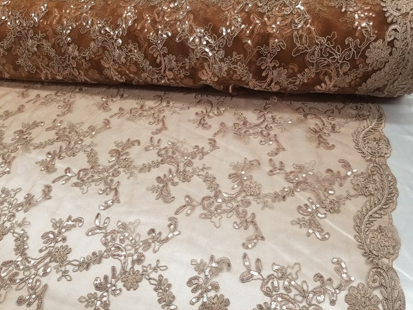 1 Yard Bronze Metallic Flowers Sequins Mesh Lace Fabric for Tablecloths and Costumes 54 Inch Width