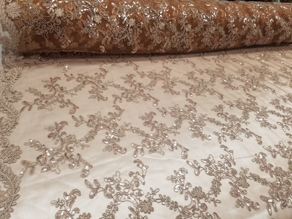 1 Yard Bronze Metallic Flowers Sequins Mesh Lace Fabric for Tablecloths and Costumes 54 Inch Width