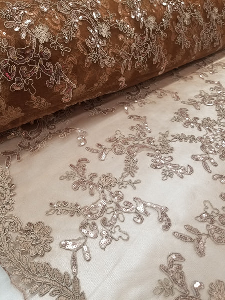 1 Yard Bronze Metallic Flowers Sequins Mesh Lace Fabric for Tablecloths and Costumes 54 Inch Width