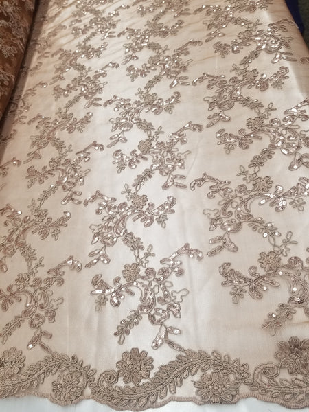 1 Yard Bronze Metallic Flowers Sequins Mesh Lace Fabric for Tablecloths and Costumes 54 Inch Width
