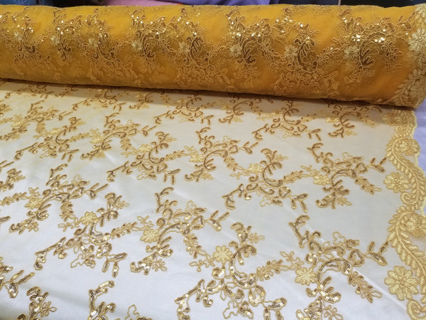 1 Yard Yellow Gold Metallic Flowers Sequins Mesh Lace Fabric for Tablecloths and Costumes 54 Inch Width