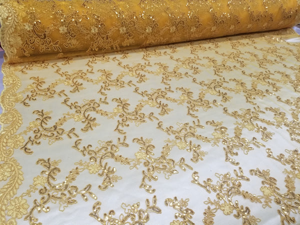 1 Yard Yellow Gold Metallic Flowers Sequins Mesh Lace Fabric for Tablecloths and Costumes 54 Inch Width