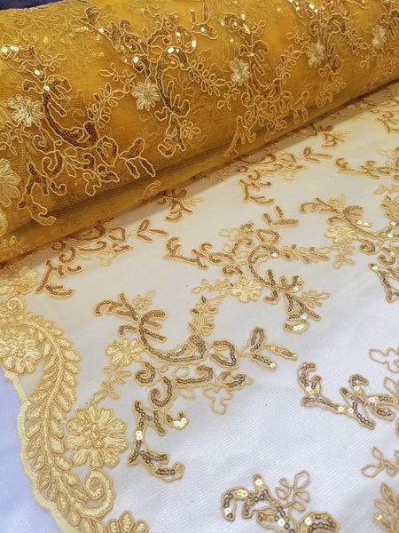 1 Yard Yellow Gold Metallic Flowers Sequins Mesh Lace Fabric for Tablecloths and Costumes 54 Inch Width
