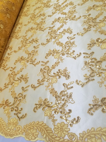 1 Yard Yellow Gold Metallic Flowers Sequins Mesh Lace Fabric for Tablecloths and Costumes 54 Inch Width