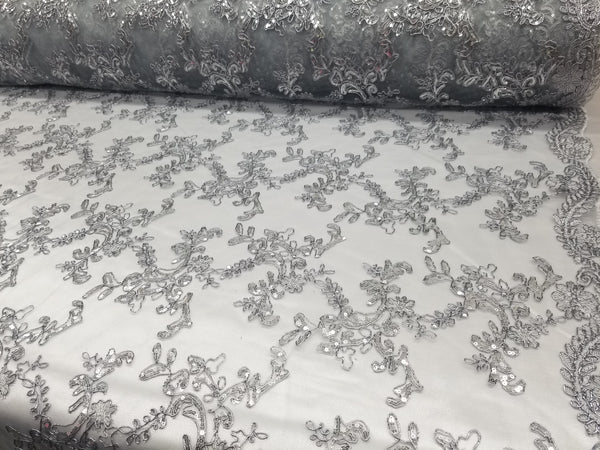 1 Yard Silver Metallic Flowers Sequins Mesh Lace Fabric for Tablecloths and Costumes 54 Inch Width