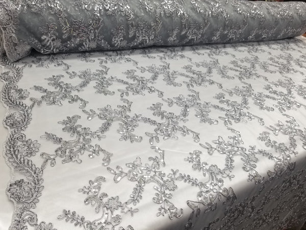 1 Yard Silver Metallic Flowers Sequins Mesh Lace Fabric for Tablecloths and Costumes 54 Inch Width