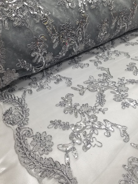 1 Yard Silver Metallic Flowers Sequins Mesh Lace Fabric for Tablecloths and Costumes 54 Inch Width