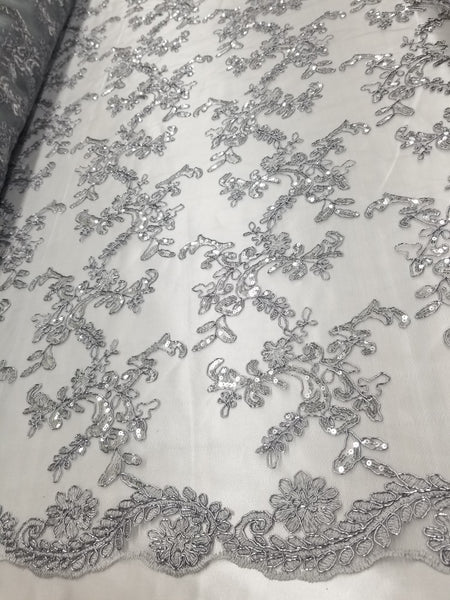 1 Yard Silver Metallic Flowers Sequins Mesh Lace Fabric for Tablecloths and Costumes 54 Inch Width