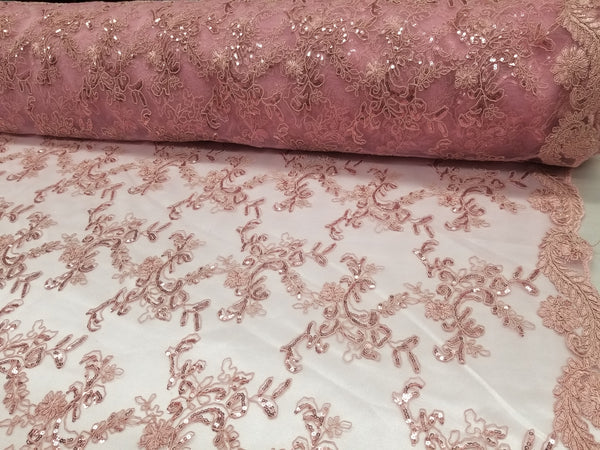 1 Yard Mauve Metallic Flowers Sequins Mesh Lace Fabric for Tablecloths and Costumes 54 Inch Width