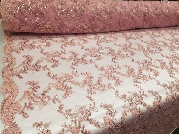 1 Yard Mauve Metallic Flowers Sequins Mesh Lace Fabric for Tablecloths and Costumes 54 Inch Width