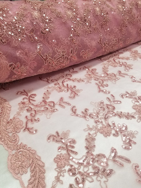 1 Yard Mauve Metallic Flowers Sequins Mesh Lace Fabric for Tablecloths and Costumes 54 Inch Width