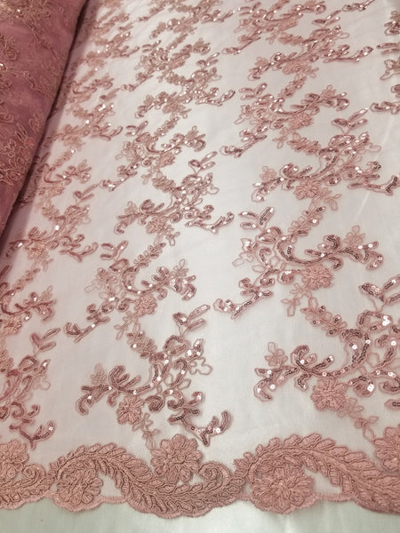 1 Yard Mauve Metallic Flowers Sequins Mesh Lace Fabric for Tablecloths and Costumes 54 Inch Width