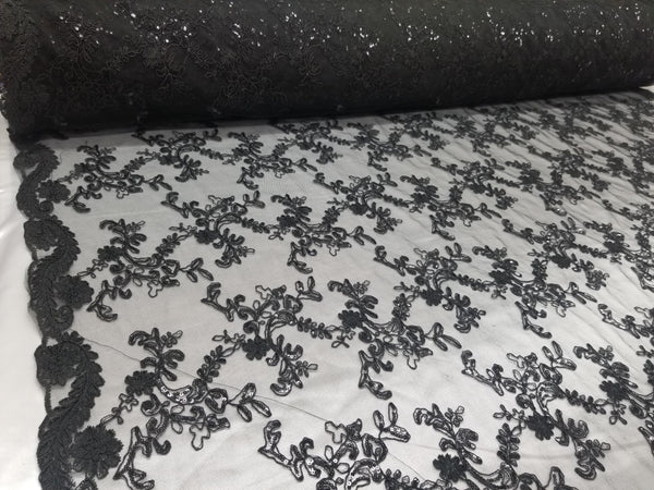 1 Yard Elegant Black Floral Embroidery Lace Mesh Fabric for Wedding Dresses 50 Inch Width