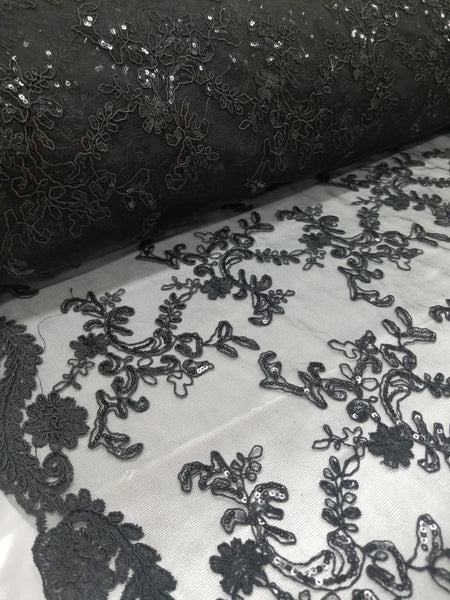 1 Yard Elegant Black Floral Embroidery Lace Mesh Fabric for Wedding Dresses 50 Inch Width