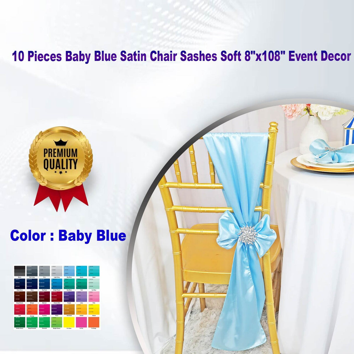 10 Pieces Baby Blue Satin Chair Sashes Soft 8"x108" Event Decor
