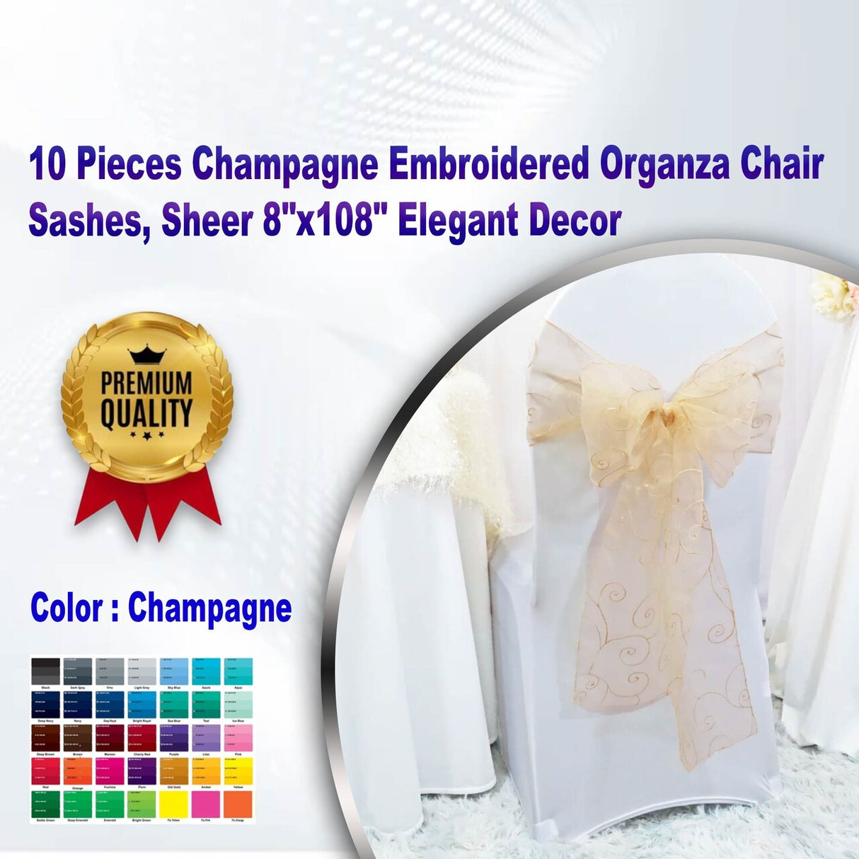 10 Pieces Champagne Embroidered Organza Chair Sashes, Sheer 8"x108" Elegant Decor