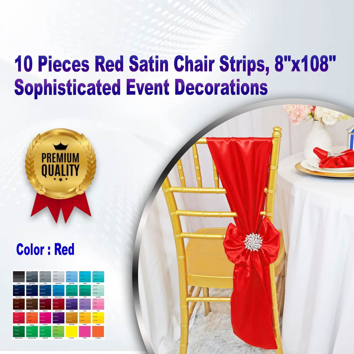 10 Pieces Red Satin Chair Strips, 8"x108" Sophisticated Event Decorations