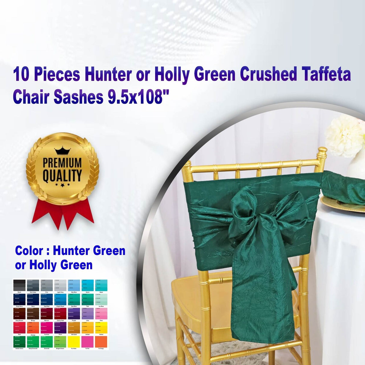 10 Pieces Hunter or Holly Green Crushed Taffeta Chair Sashes 9.5x108"