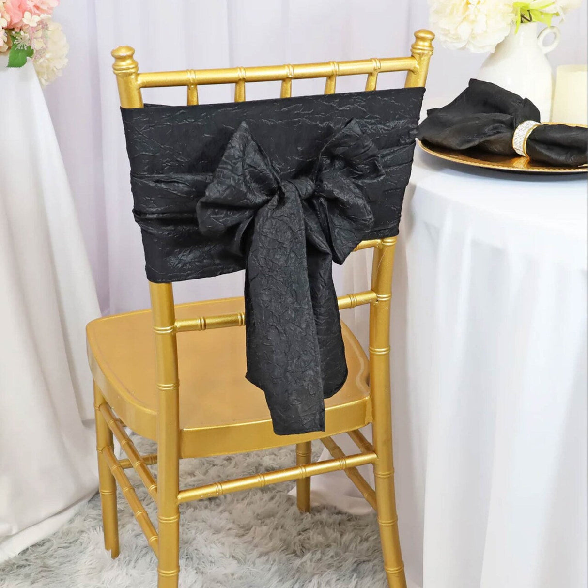 10 Pieces Black Crushed Taffeta Chair Bands, 9.5"x108" Sleek Event Sashes