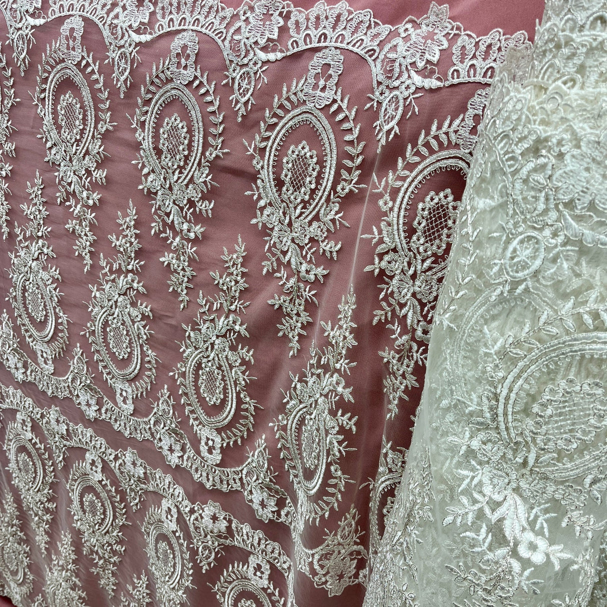 1 Yard Elegant White Corded Bridal Lace Fabric on 100% Polyester Net Mesh 48 inch Width