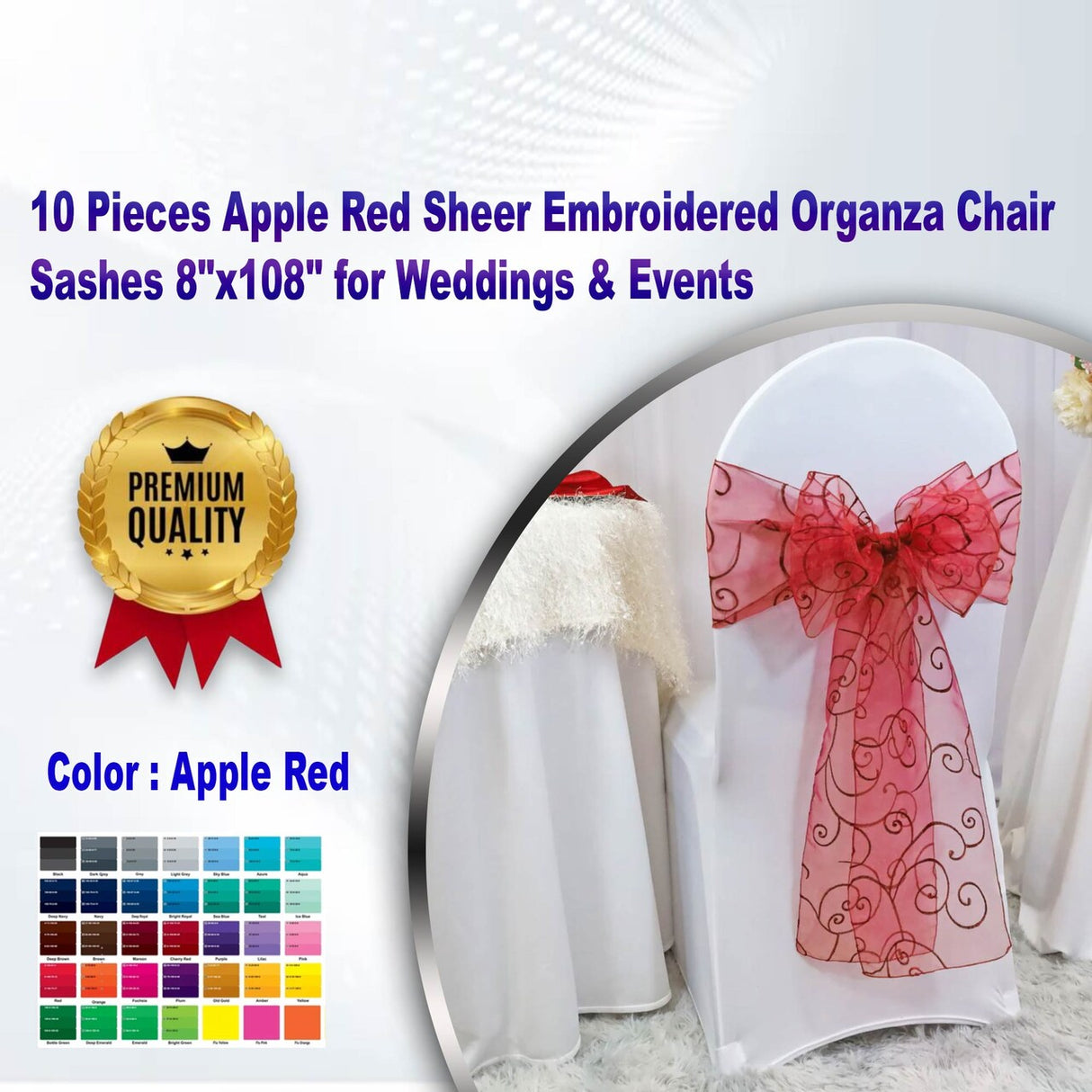 10 Pieces Apple Red Sheer Embroidered Organza Chair Sashes 8"x108" for Weddings & Events