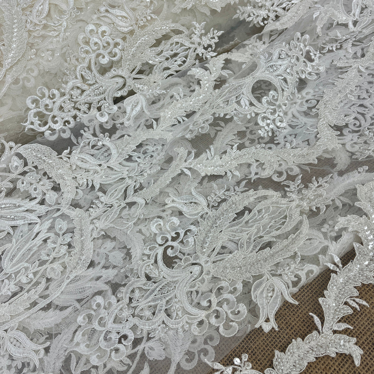 1 Yard Beaded & Corded Bridal Lace Fabric Embroidered on 100% Polyester Net Mesh 54" Wide