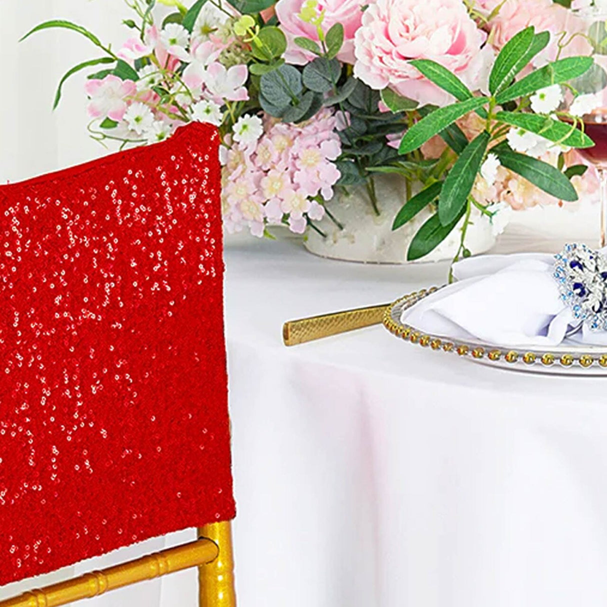 1 Piece Red Sequin Spandex Chair Cap 13.5 inch by 10 inch Event Party Decoration