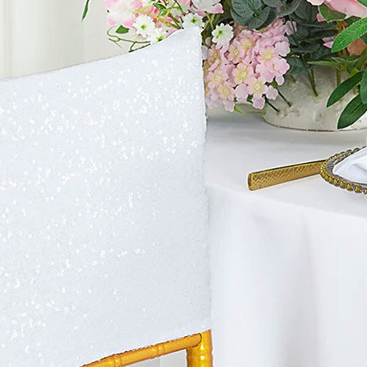 1 Piece White Sequin Spandex Chair Cap 13.5 inch by 10 inch Wedding Decor