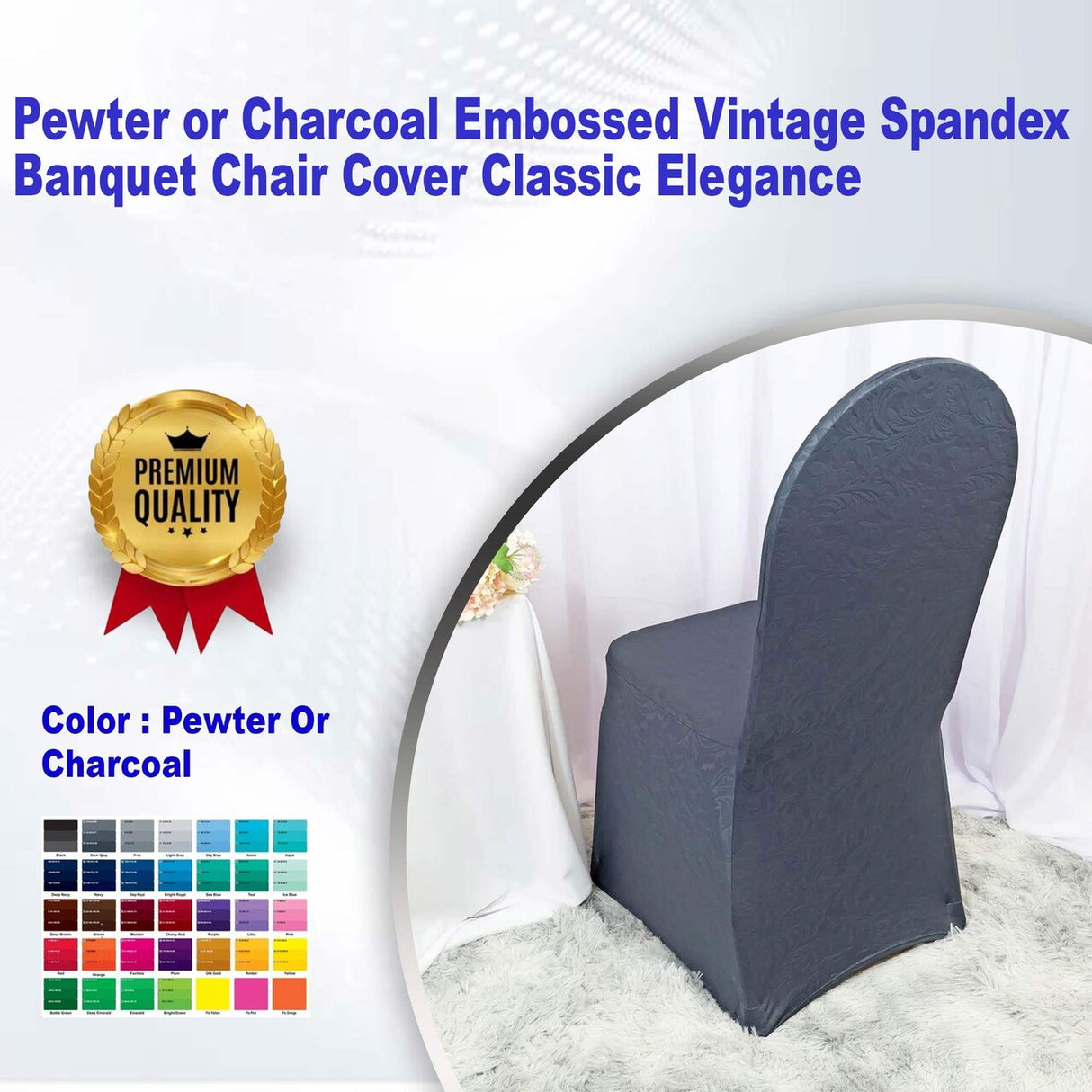 1 Piece Pewter Charcoal Embossed Vintage Spandex Banquet Chair Cover Classic Elegance