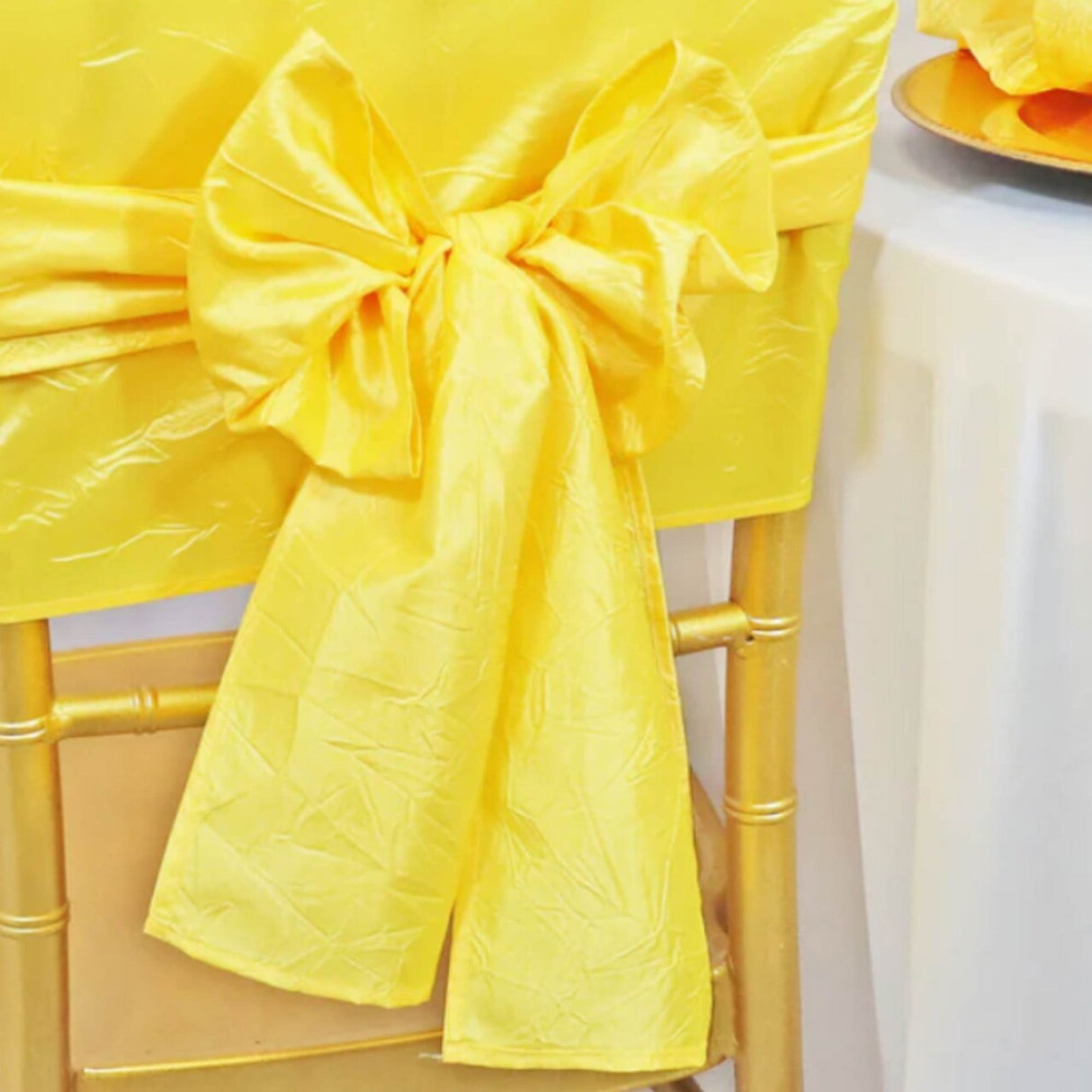 10 Pieces Canary Yellow Crushed Taffeta Chair Wraps, 9.5"x108" Vibrant Event Sashes