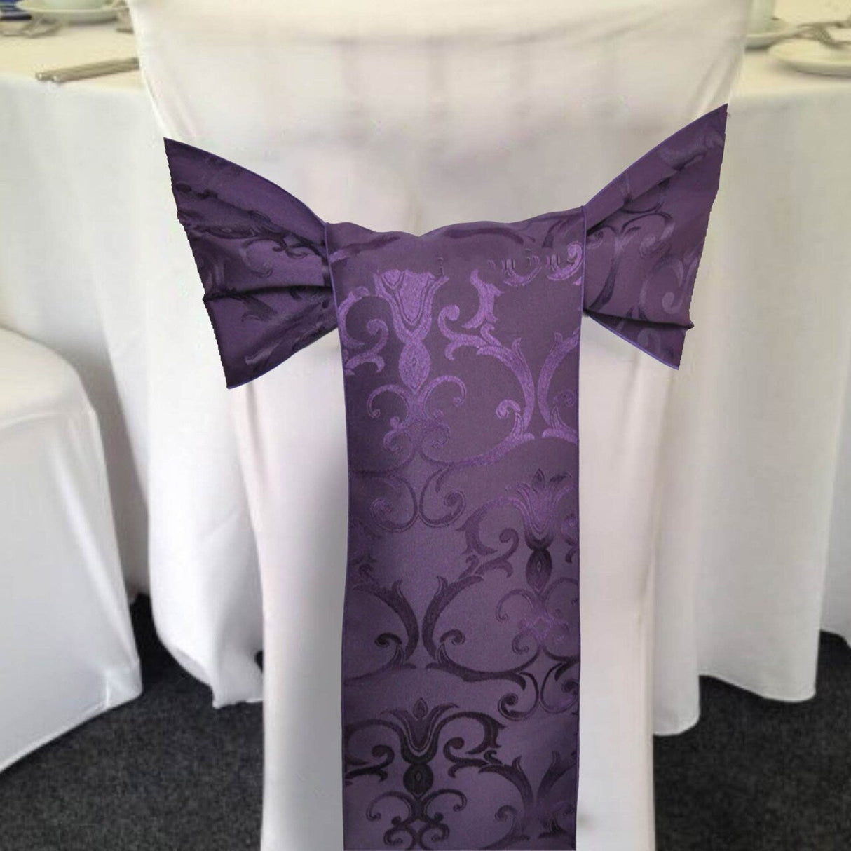 10 Pieces Eggplant Damask Jacquard Chair Sashes, 7.5"x108" Elegant Versailles Pattern Polyester Decor